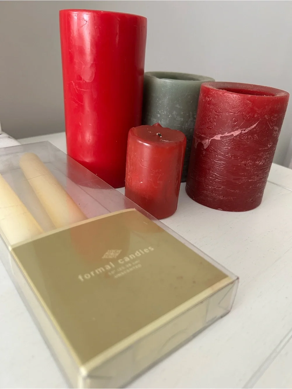 Pillar Candle Set Red, Green & Orange plus 2 Formal Taper Ivory Candles 6 total
